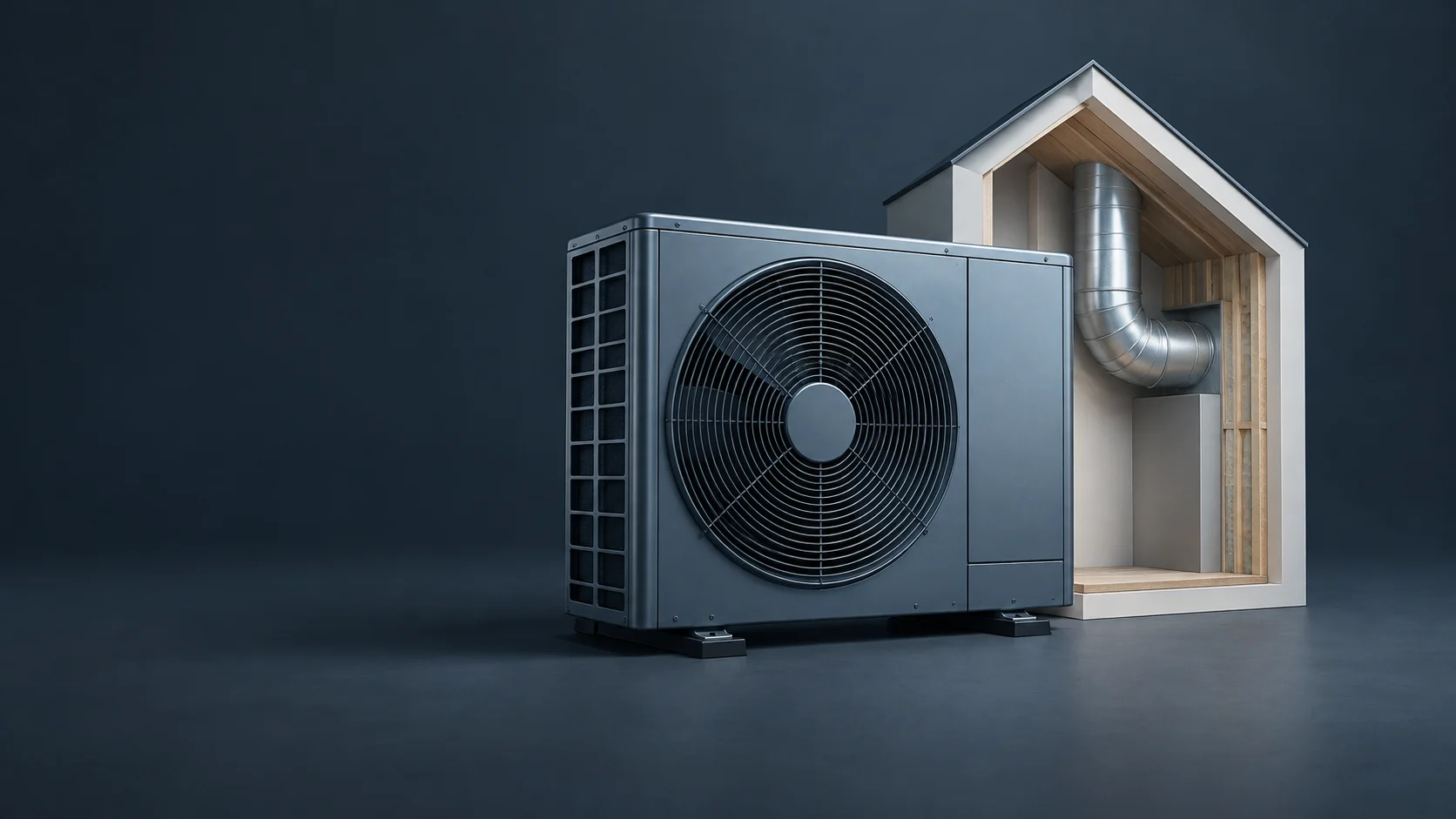 A blue-gray heat-pump unit beside a pale house-section model with a silver duct curve.