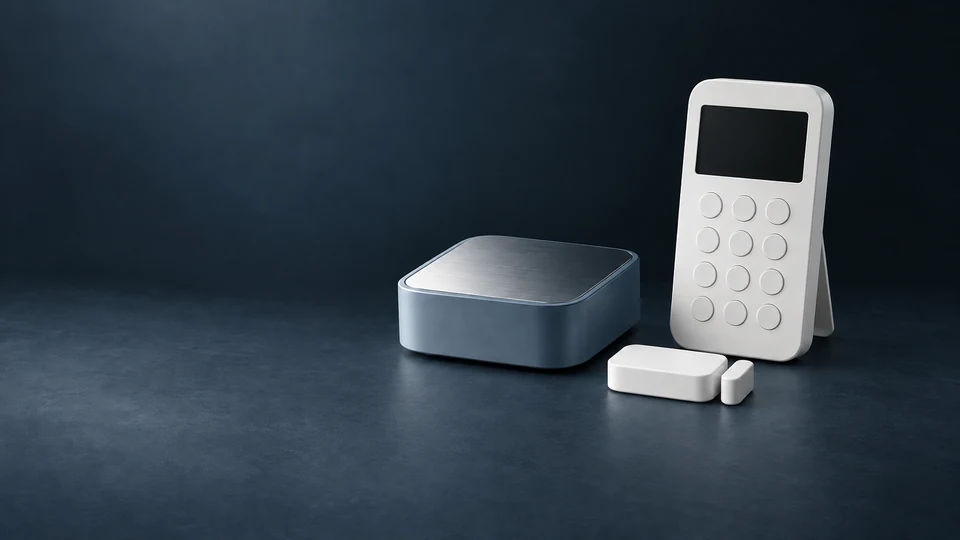 A square alarm base station with a blank keypad and paired door-contact sensor.