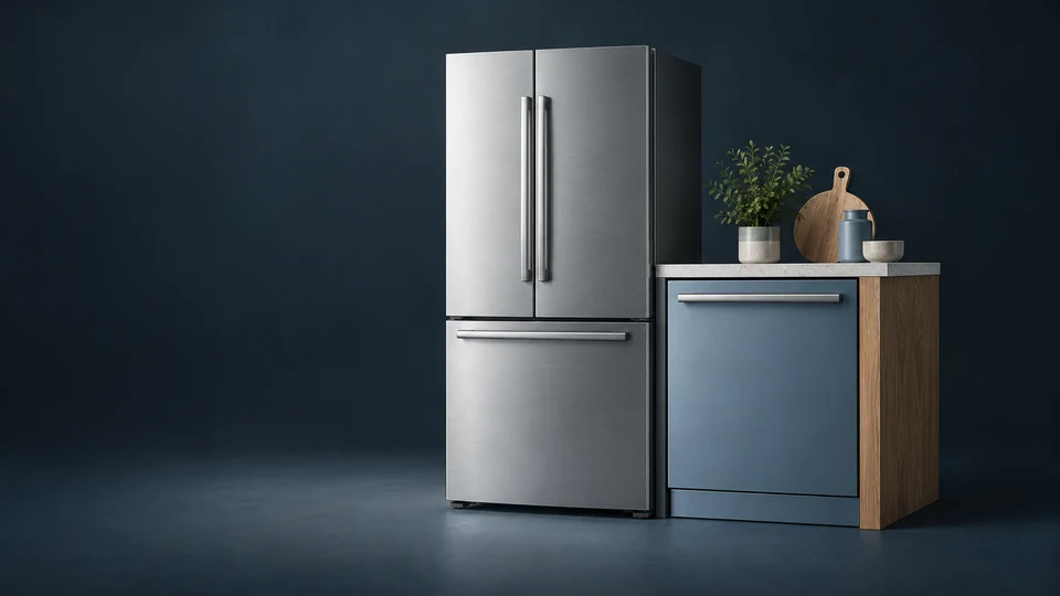 A complete steel refrigerator and blue-gray dishwasher beneath a stone counter with oak sides and small kitchen props.