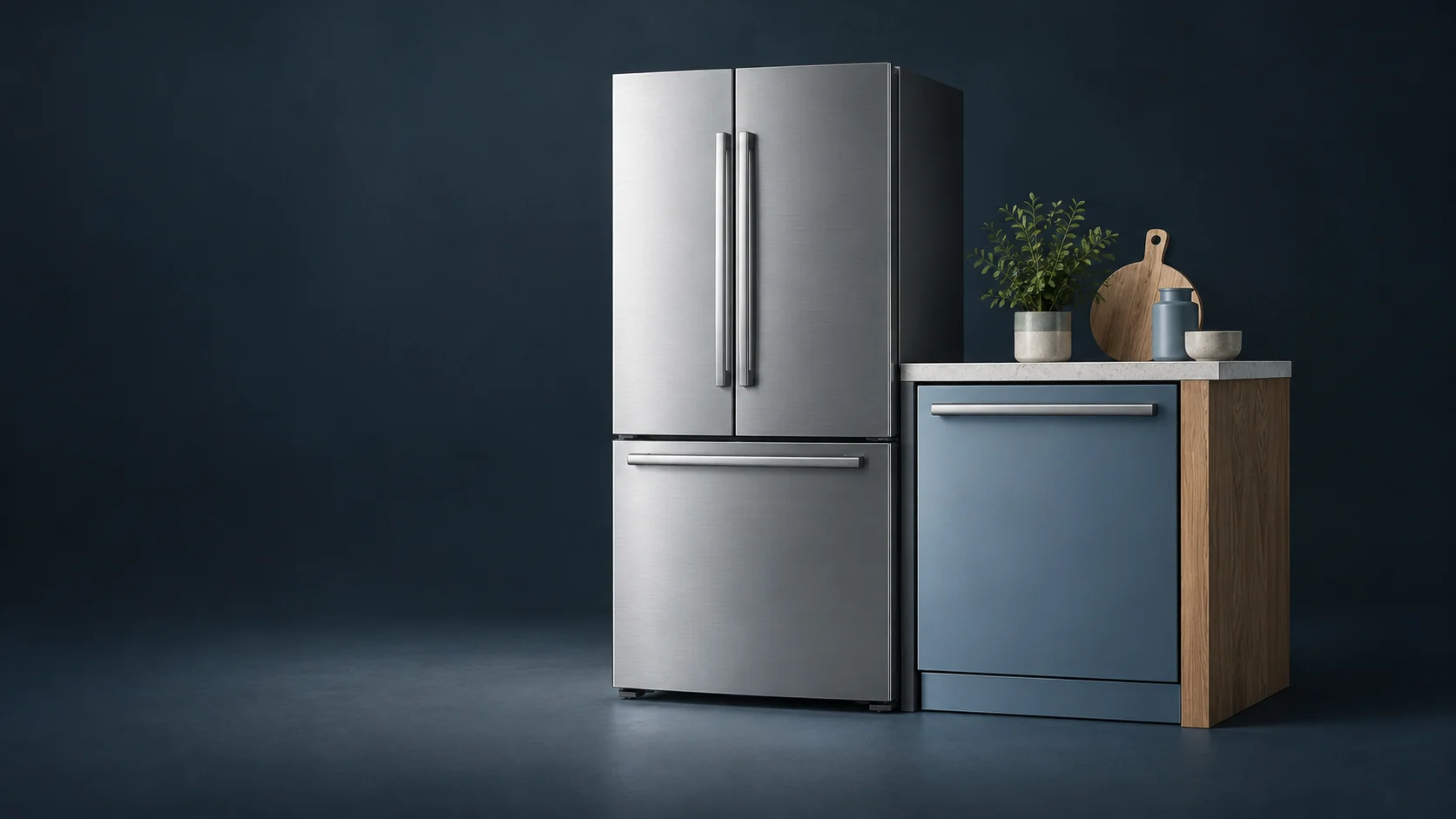 A complete steel refrigerator and blue-gray dishwasher beneath a stone counter with oak sides and small kitchen props.
