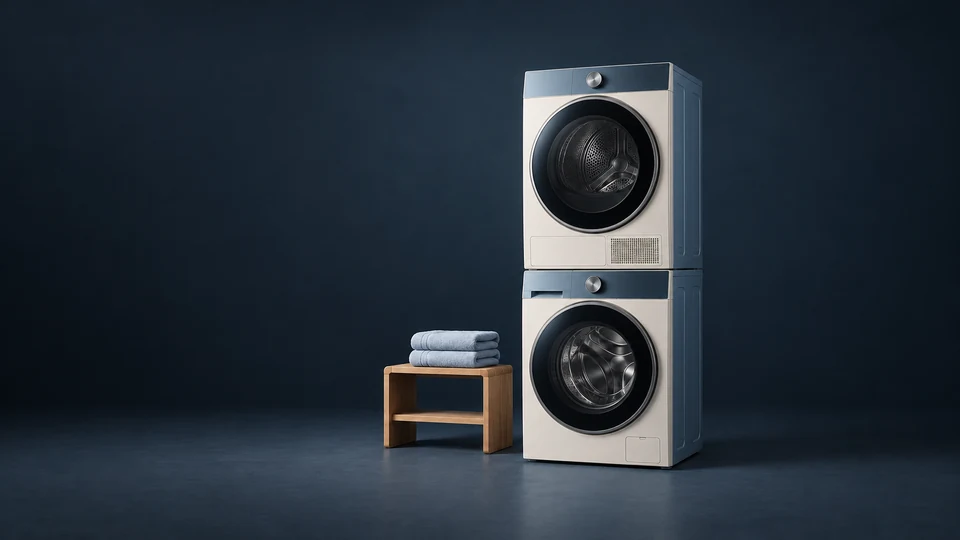 A stacked ivory washer-and-dryer tower beside a low oak shelf with folded towels.