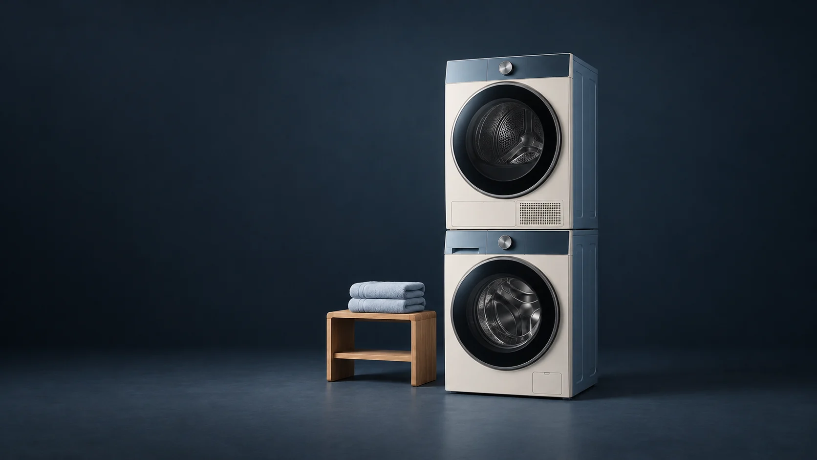 A stacked ivory washer-and-dryer tower beside a low oak shelf with folded towels.