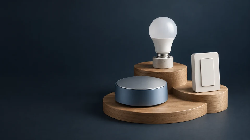 A round controller hub, unlit frosted bulb and plain switch on a tiered oak stand.