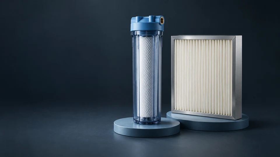 A translucent water-filter housing and a rectangular pleated air filter on separate blue trays.