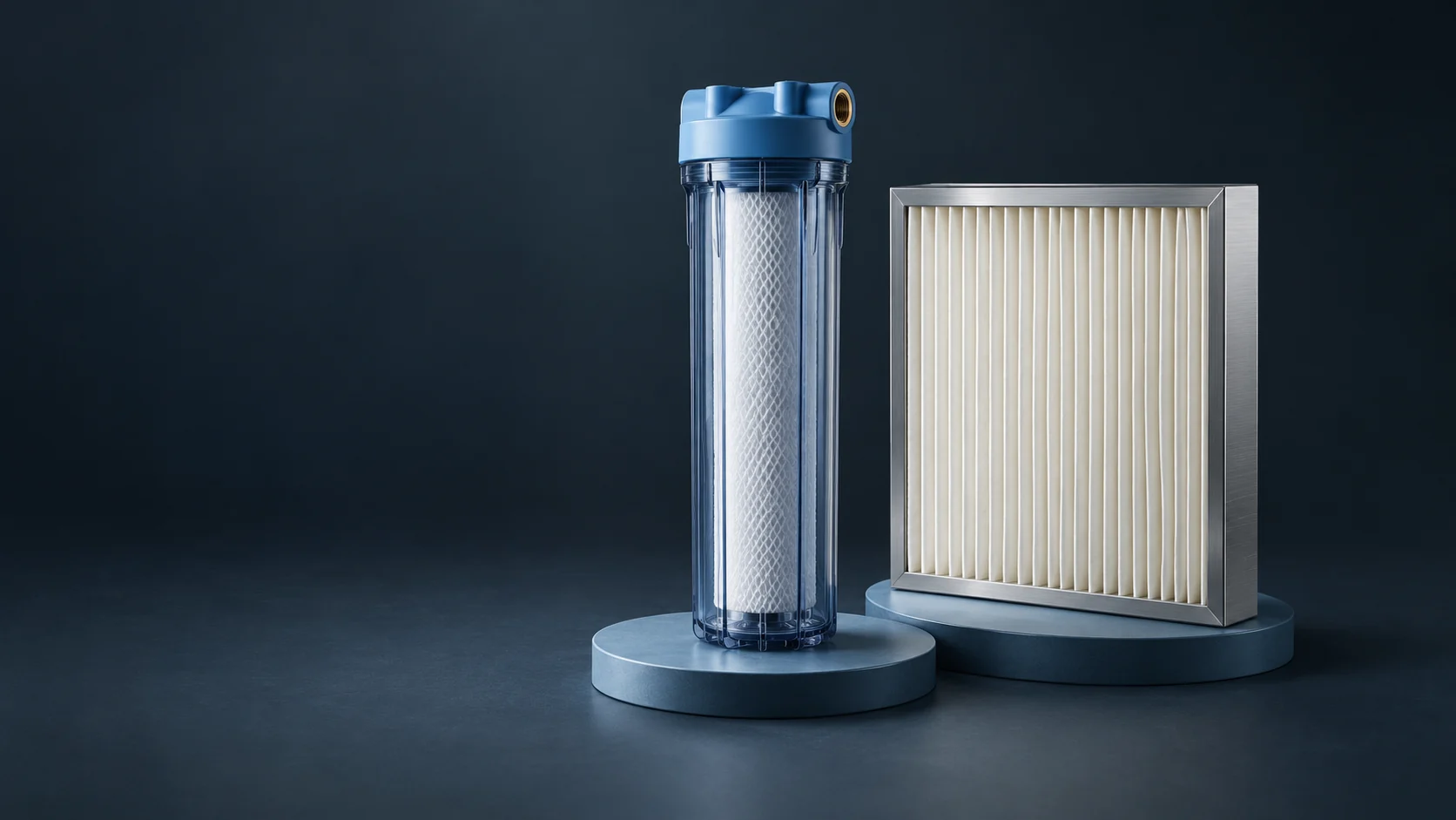 A translucent water-filter housing and a rectangular pleated air filter on separate blue trays.