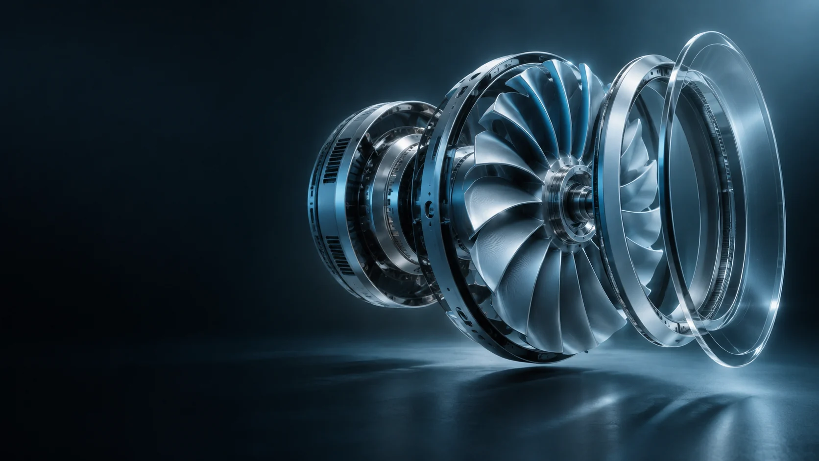 An exploded blue-metal fan mechanism with separate circular rings and a transparent front cover.