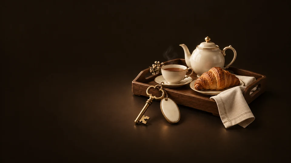 A brass inn key and blank oval fob beside a walnut tray with tea, a croissant and linen.