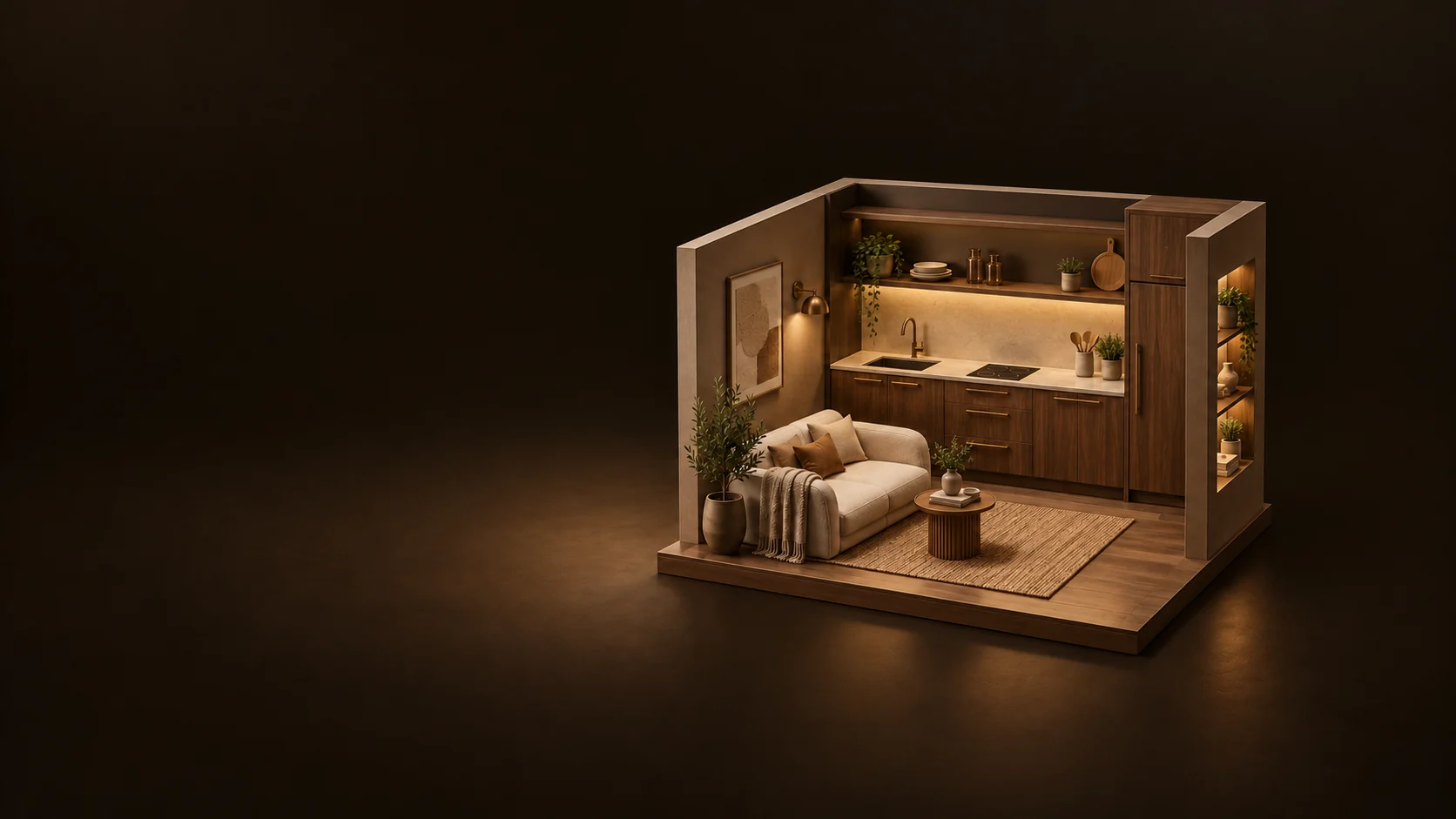 A miniature walnut kitchenette and cream seating nook on a wooden base.
