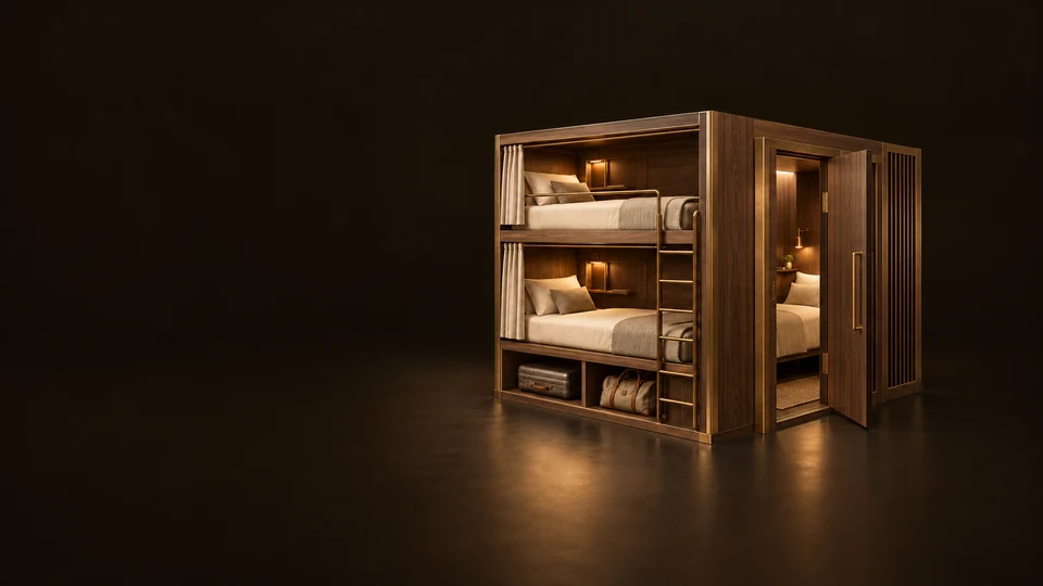 A walnut hostel alcove with two bunks, a ladder, luggage cubbies and an adjacent private-room doorway.