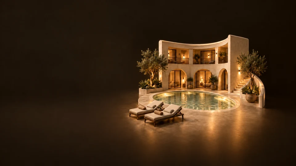 A miniature curved resort courtyard with balconies, an illuminated pool and two loungers.