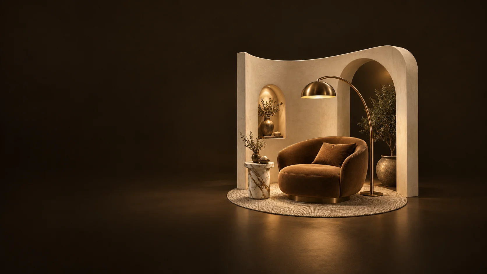 A boutique seating alcove with a bronze velvet chair, marble side table and arcing brass lamp.