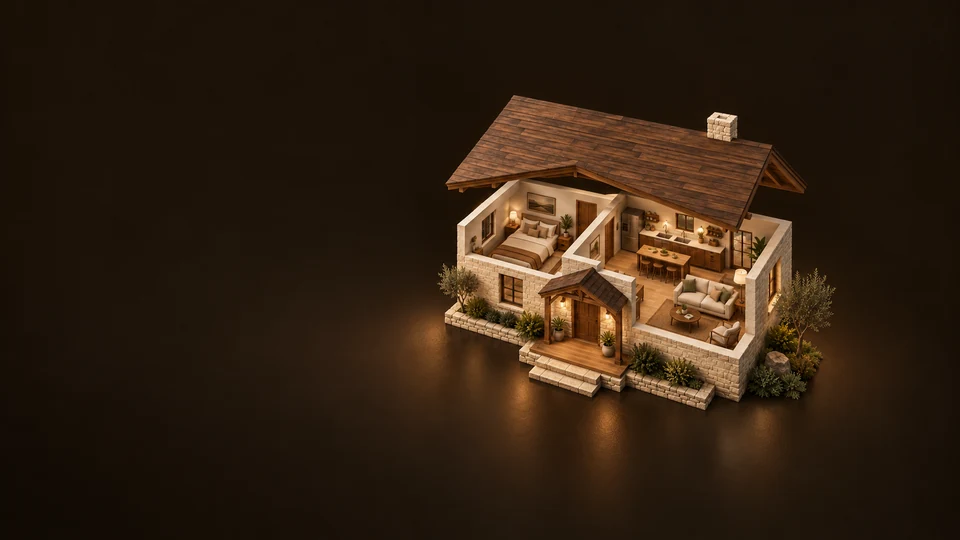 A cutaway stone rental cottage showing a bedroom and shared kitchen-living space under a lifted pitched roof.