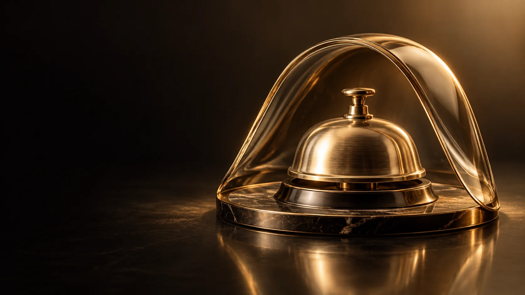 A brass desk bell beneath a curved amber glass canopy on a dark round base.