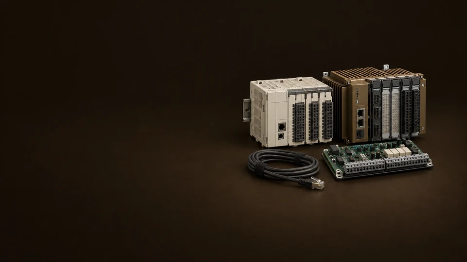 Two industrial controller modules, a separate interface board and an unplugged network cable.