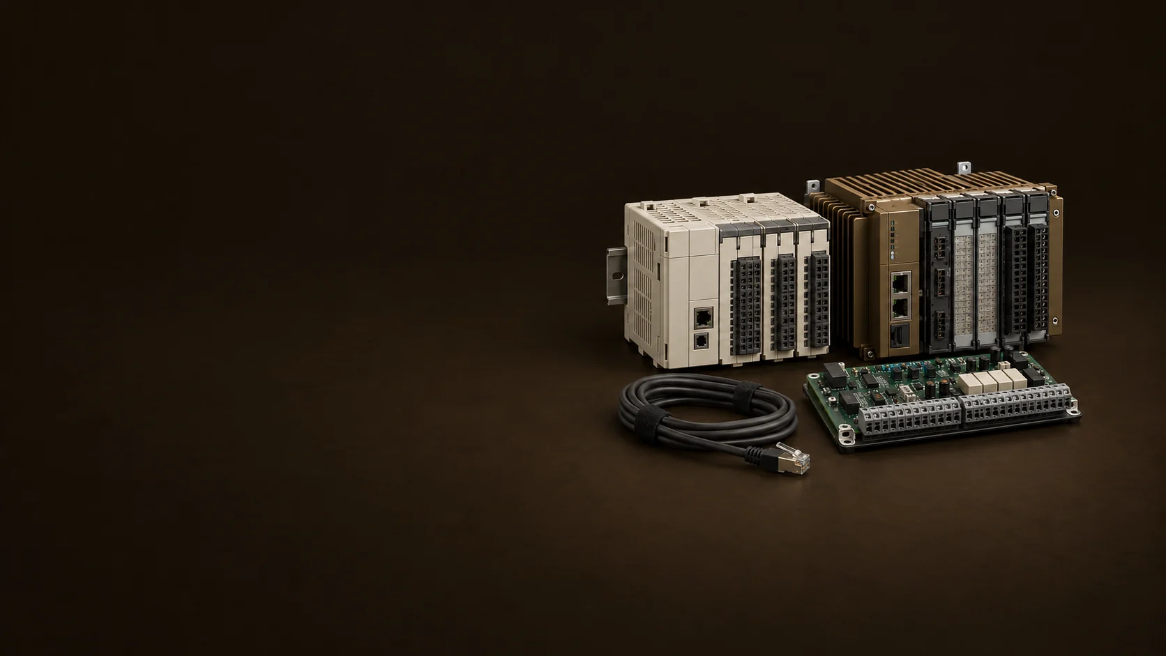 Two industrial controller modules, a separate interface board and an unplugged network cable.