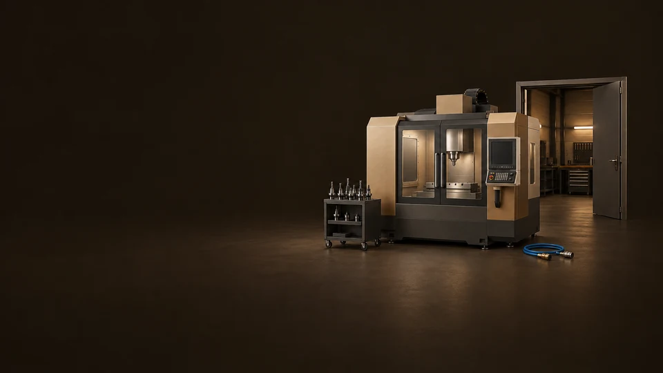 A CNC enclosure, open workshop doorway, toolholder cart and separate air hose.