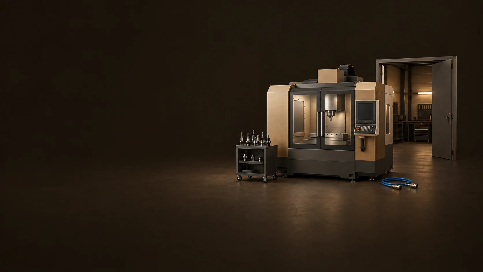 A CNC enclosure, open workshop doorway, toolholder cart and separate air hose.