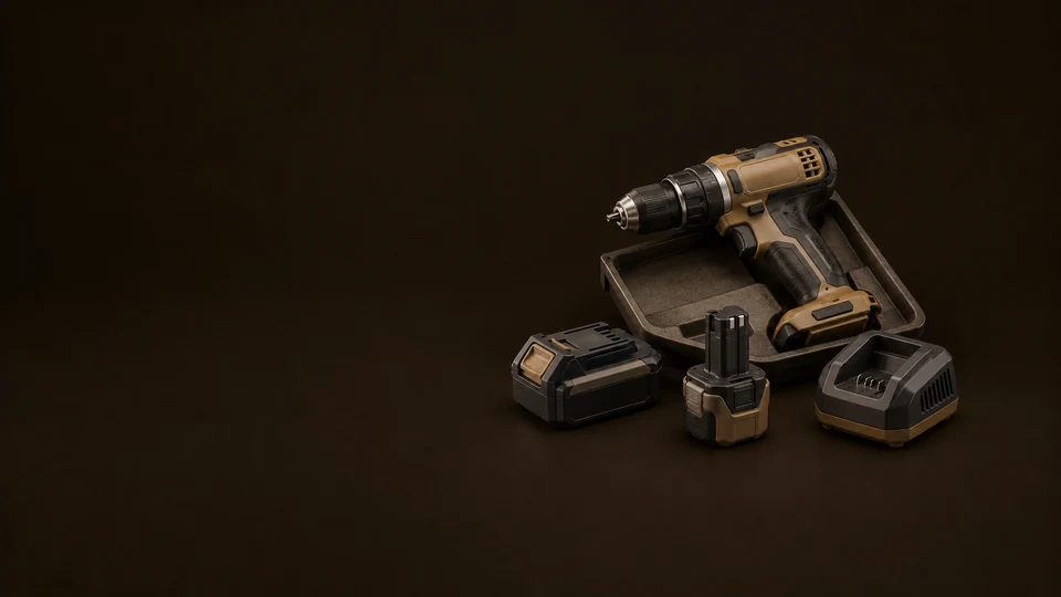 A cordless drill, fitted tray, two different battery shapes and an empty charging cradle.