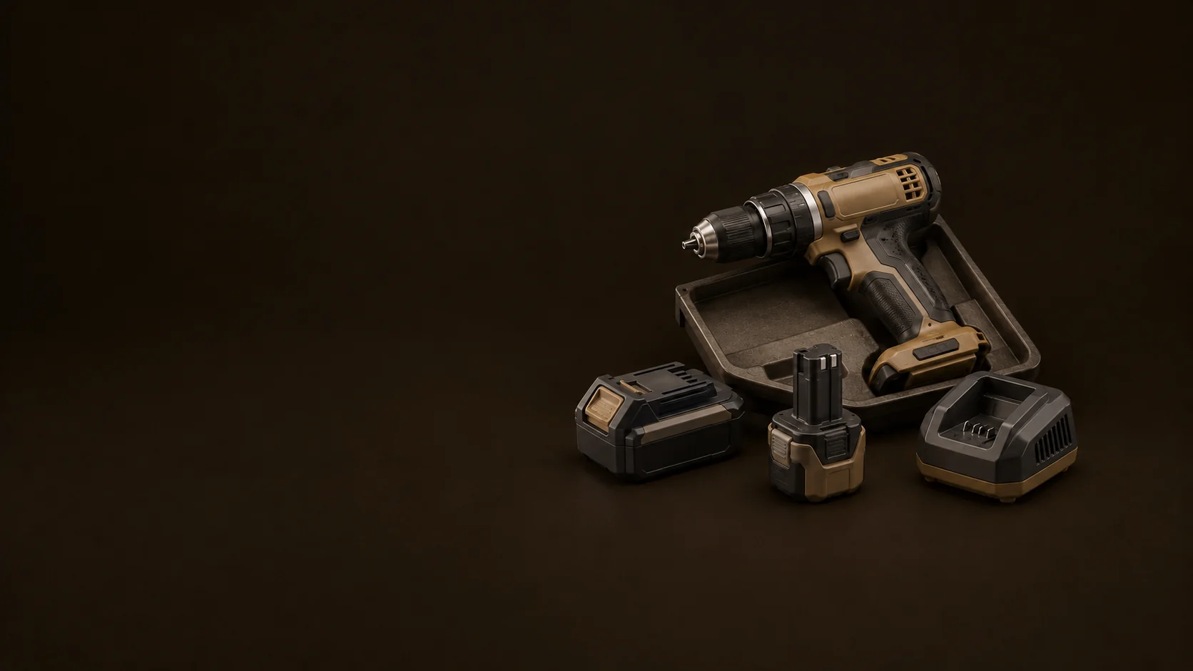 A cordless drill, fitted tray, two different battery shapes and an empty charging cradle.