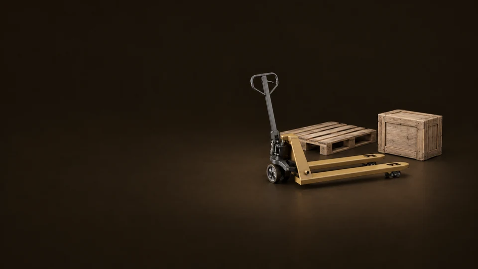 A manual pallet truck beside a wooden pallet and closed freight crate.