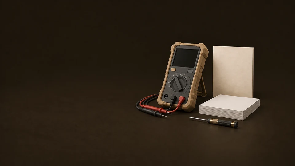An industrial test instrument, blank paper leaves, leads and a repair screwdriver.