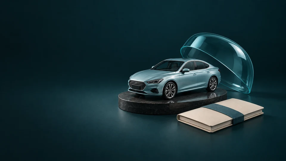 A complete pale-teal car on a low plinth beside a detached clear cover and blank document folio.