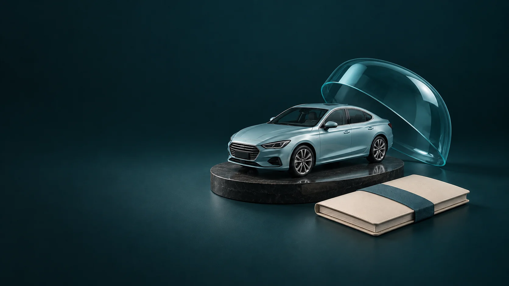 A complete pale-teal car on a low plinth beside a detached clear cover and blank document folio.