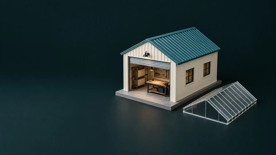 A complete small workshop model beside a detached transparent roof.