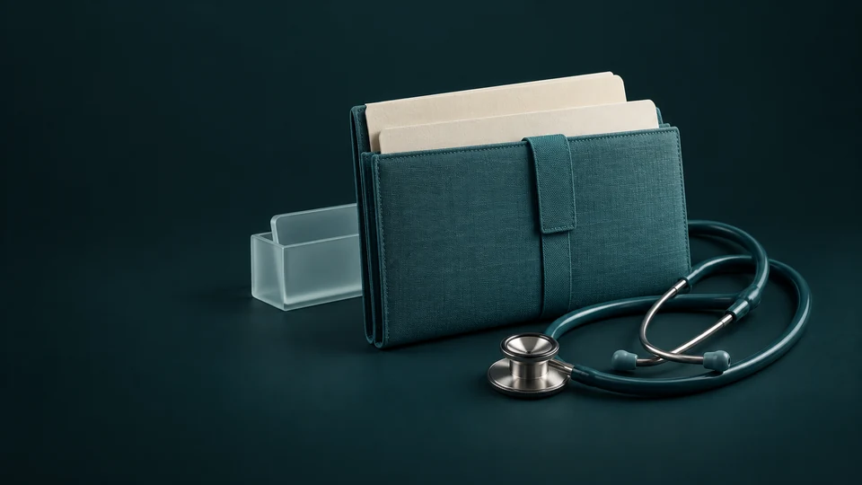 A blank plan wallet and card holder beside a complete coiled stethoscope.