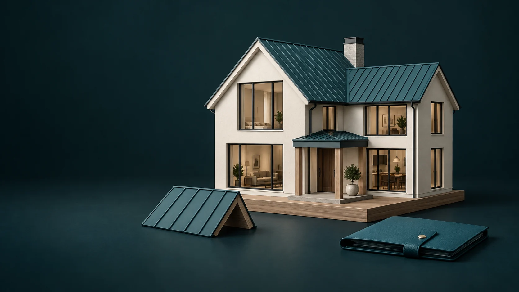 A complete two-storey house model beside a roof sample and closed document wallet.