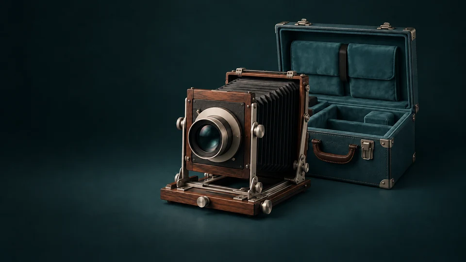 A complete unbranded field camera beside an open fitted teal case.