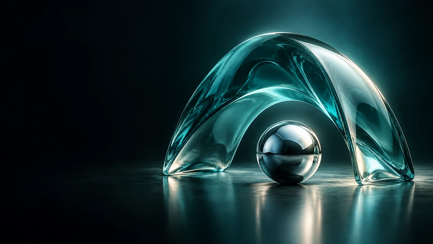 Translucent teal canopy arch above a polished metal sphere.