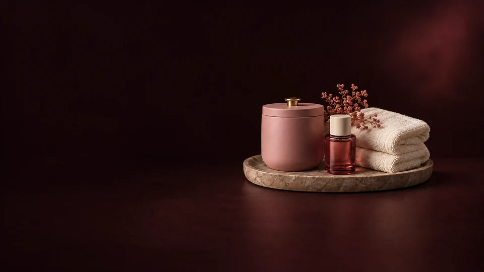 A closed rose candle jar, capped oil bottle and folded ivory towels on a stone tray against a dark burgundy field.