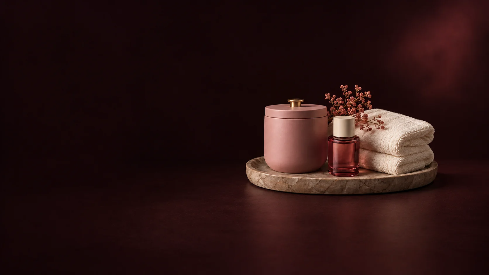 A closed rose candle jar, capped oil bottle and folded ivory towels on a stone tray against a dark burgundy field.