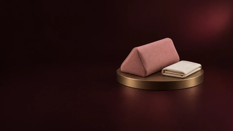 A rose angular cotton pillow and folded spare cover on a low brass plinth.