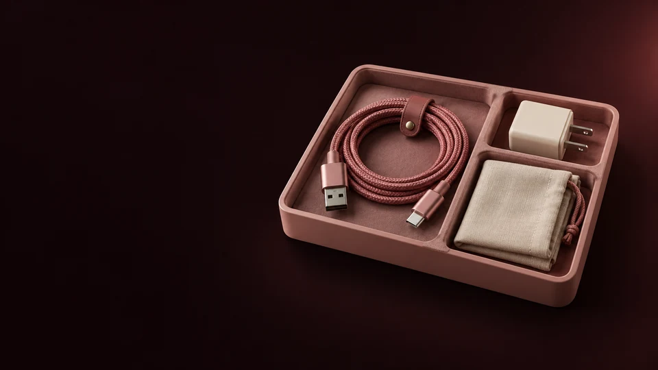 A charging cable, wall adapter and linen storage pouch in separate compartments of a rose tray.
