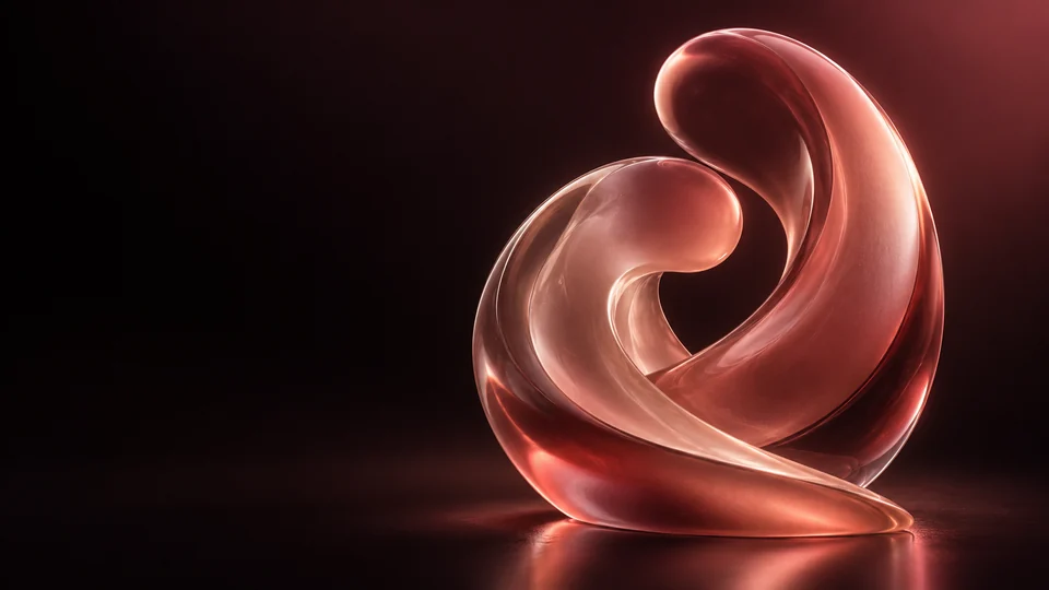Two intertwined translucent rose glass curves.