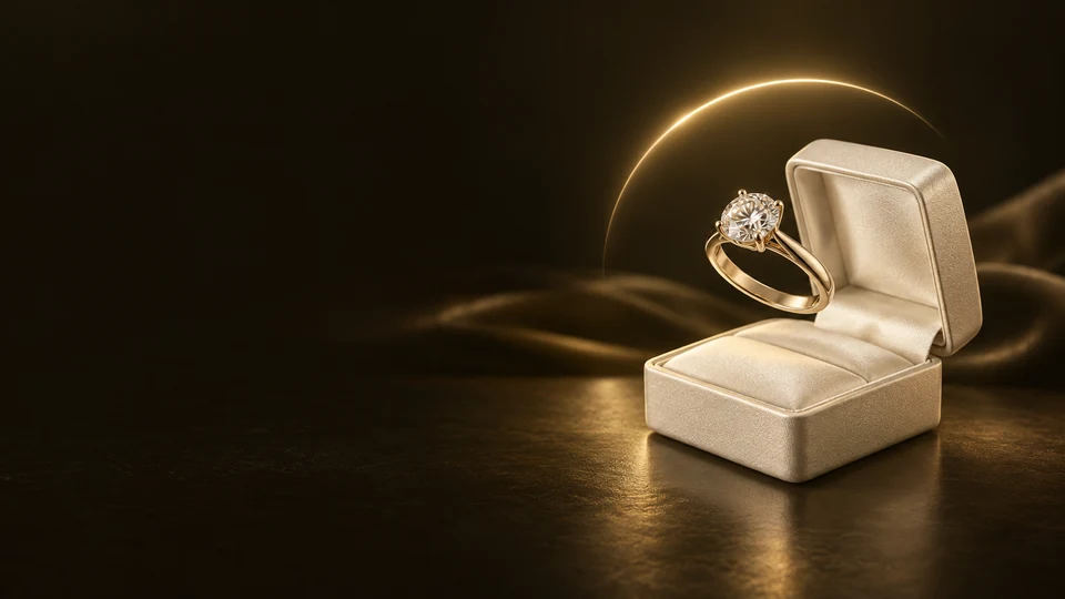 A gold-toned solitaire ring above an open ivory presentation box beneath a pale gold arc.