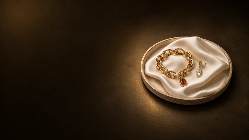 A gold-toned chain bracelet with an amber-colored charm and a crystal earring on ivory silk in a round tray.