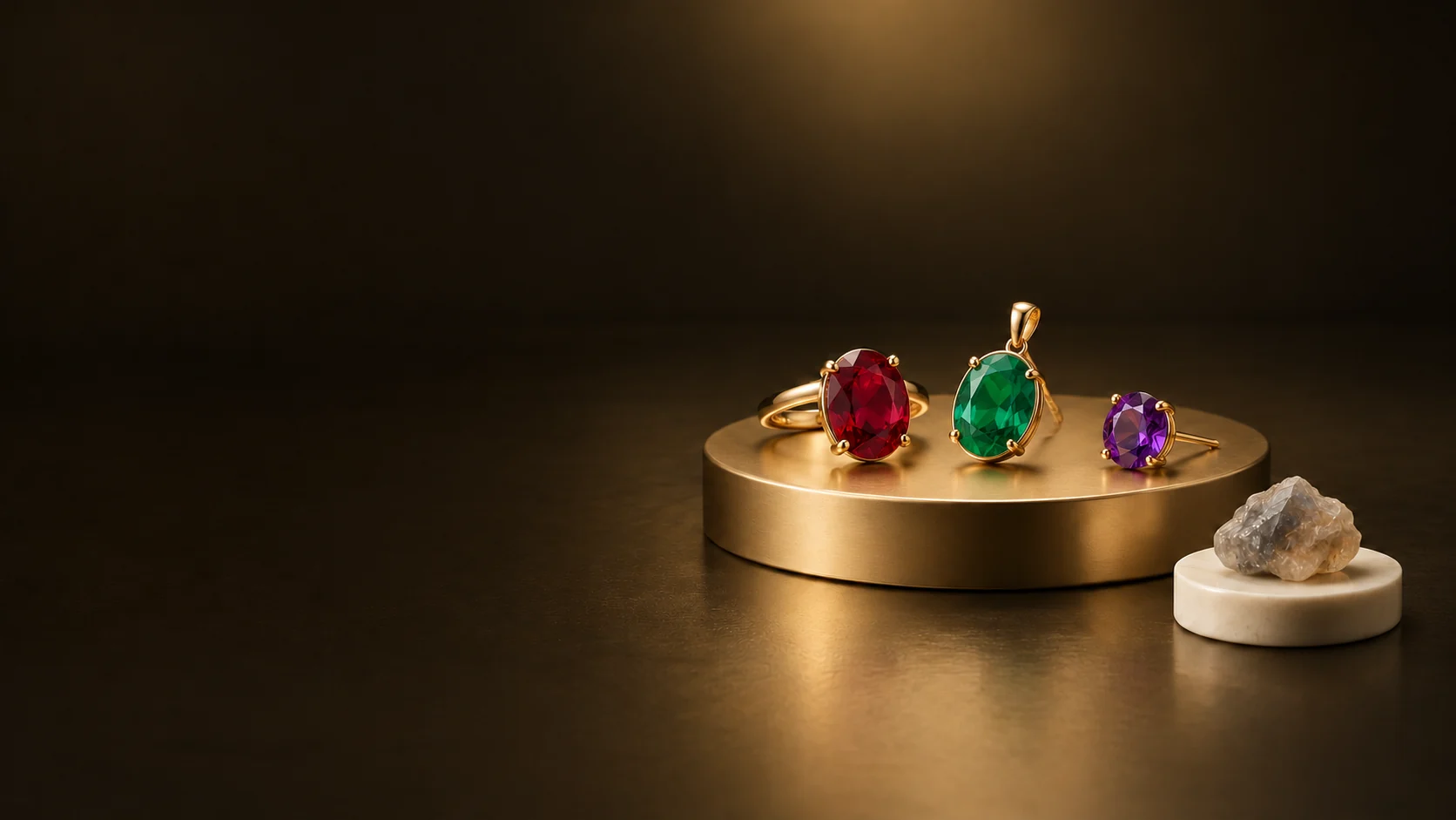 Red, green and violet gemstone jewels on a gold-colored platform beside a rough mineral on ivory stone.