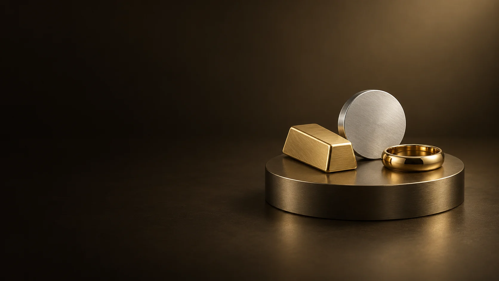 An unmarked gold-colored bar, silver-colored round and polished band sit on a circular metal plinth.