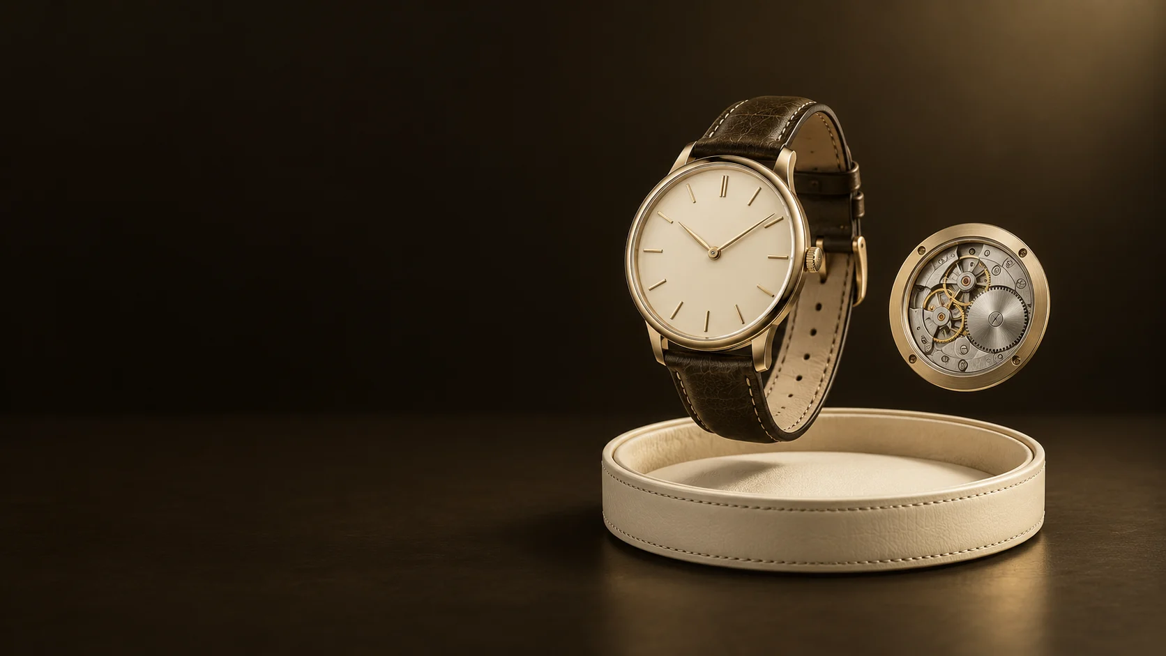 A round champagne-colored watch with a brown leather strap floats above an ivory tray beside a mechanical caseback.