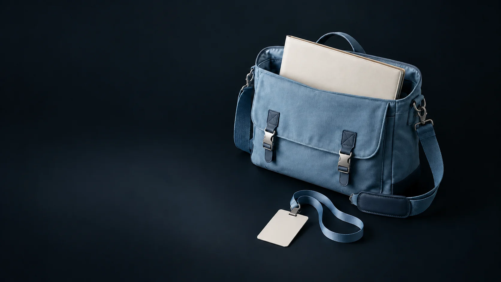 A blue canvas satchel with a blank portfolio and unprinted event badge.