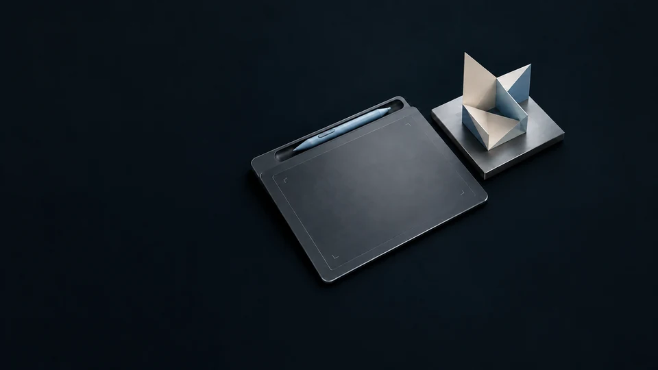 A pen tablet and blue stylus beside a folded-paper project model on a metal base.