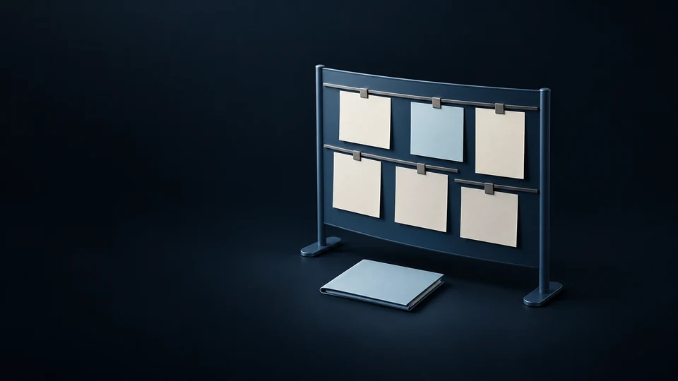 A blue notice display with blank vacancy cards and an applicant folder.