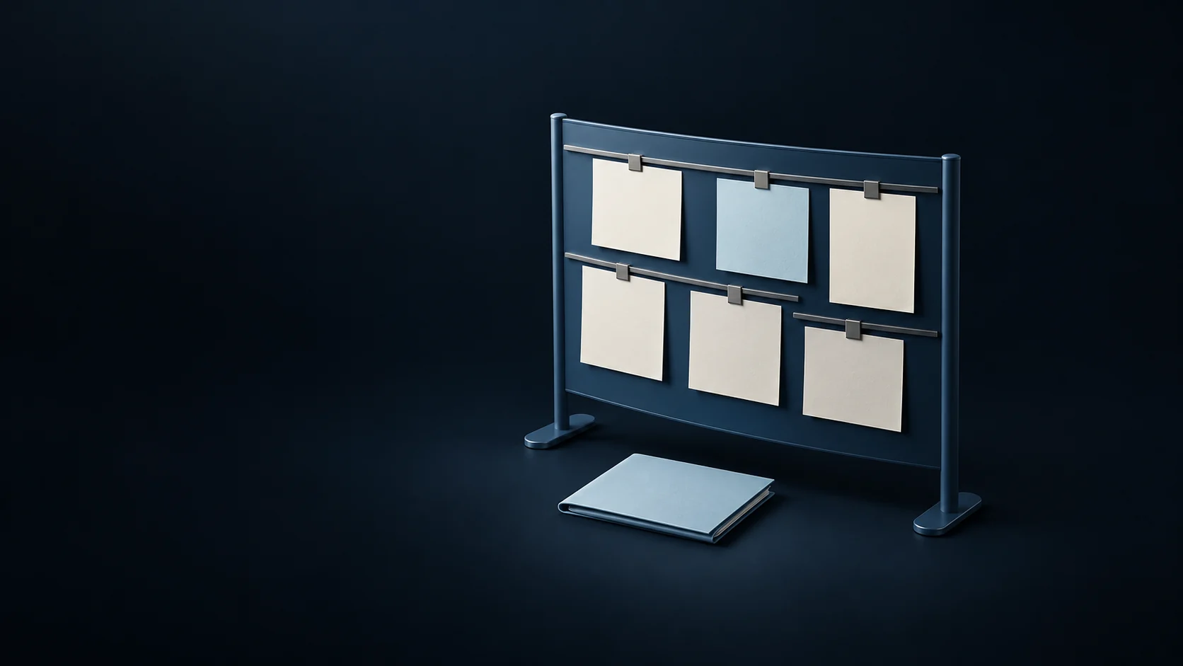 A blue notice display with blank vacancy cards and an applicant folder.