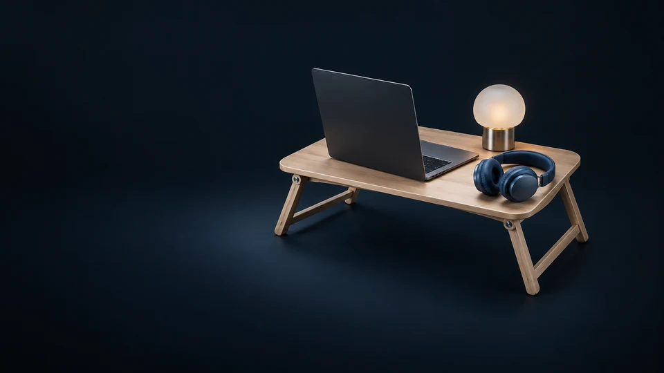 A portable oak desk with a blank laptop, blue headphones and a small frosted lamp.