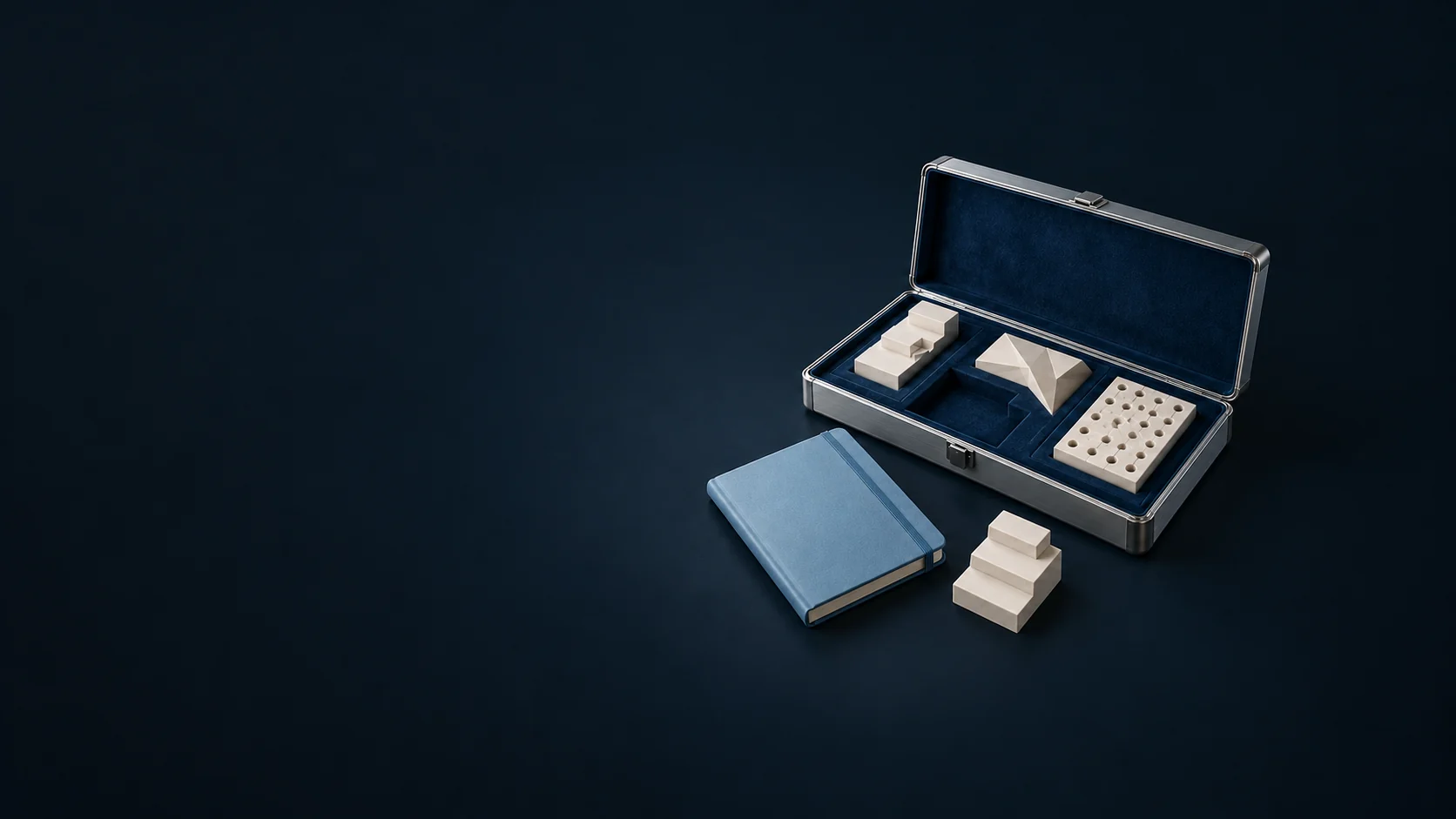 An open technical case with geometric skill samples and a blank blue notebook.