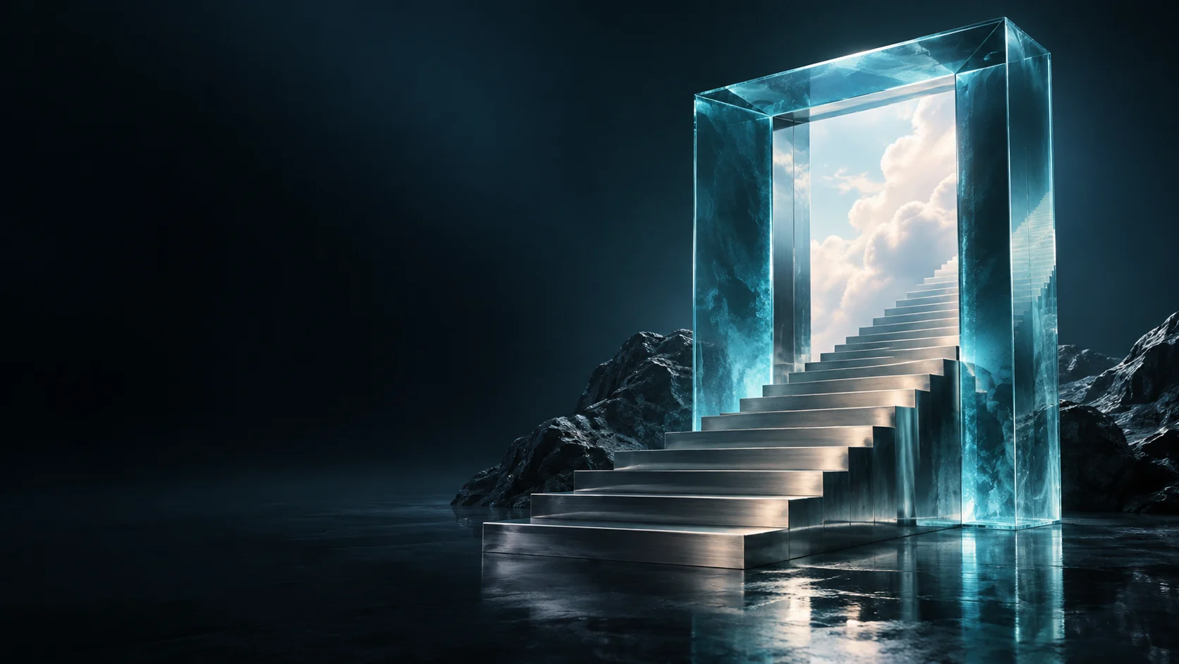 Metal steps rising through a blue glass doorway with clouds beyond.