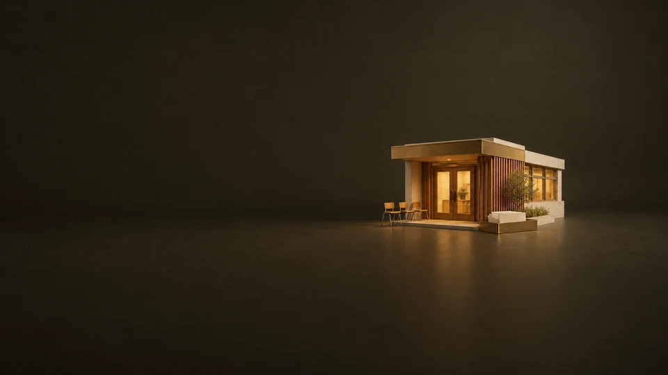 A miniature school entrance with three small chairs and a brass tray of blank application cards.